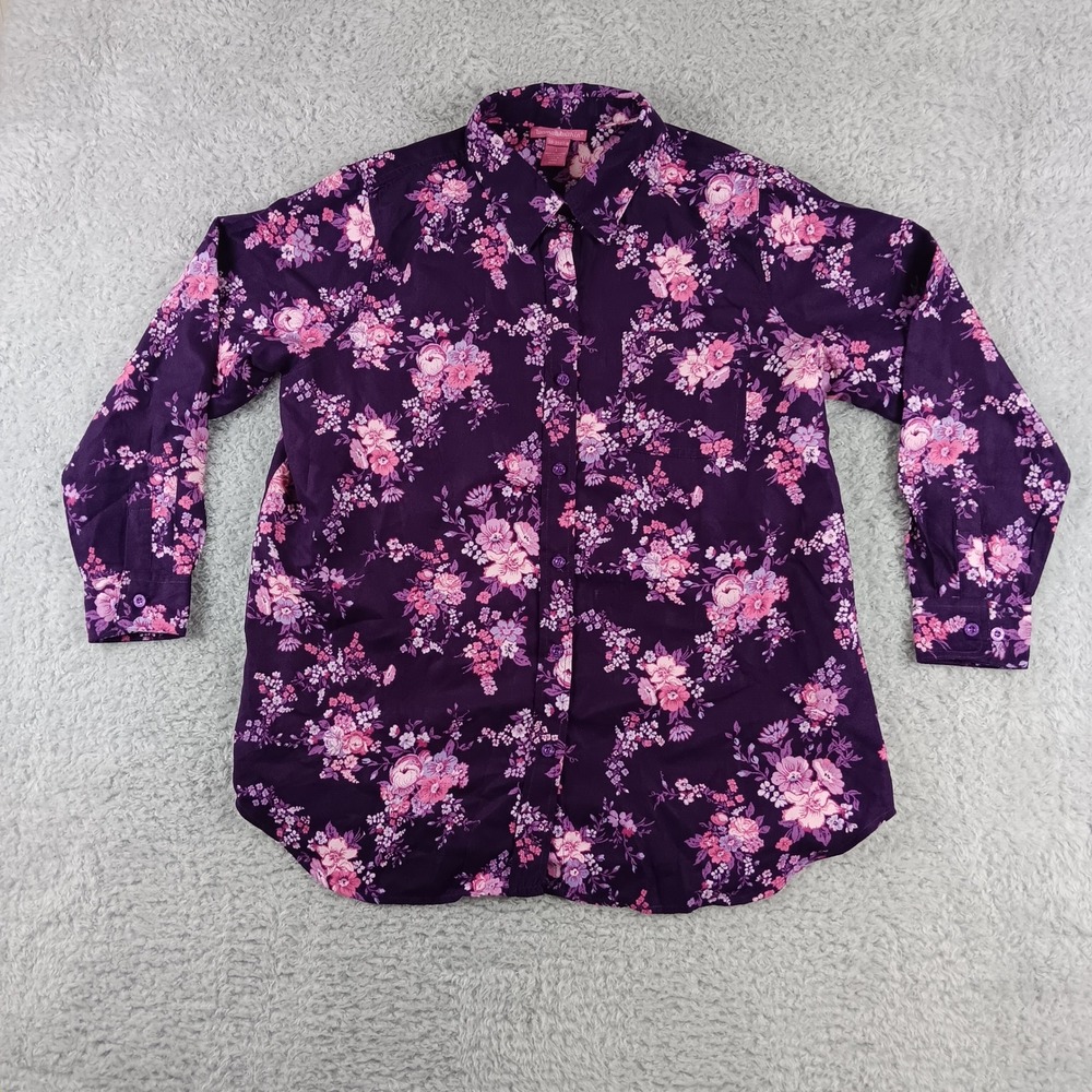 Woman‎ Within Purple Floral Button Down Shirt Collared Top 30-3507-8 L